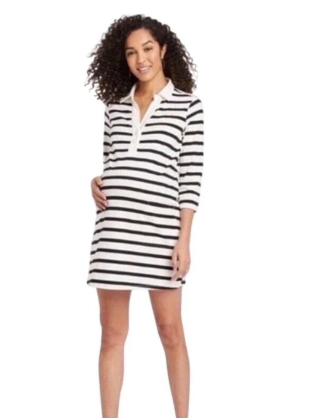 The Nines by Hatch Black and White striped 3/4-sleeve Polo Tunic Dress Sz S